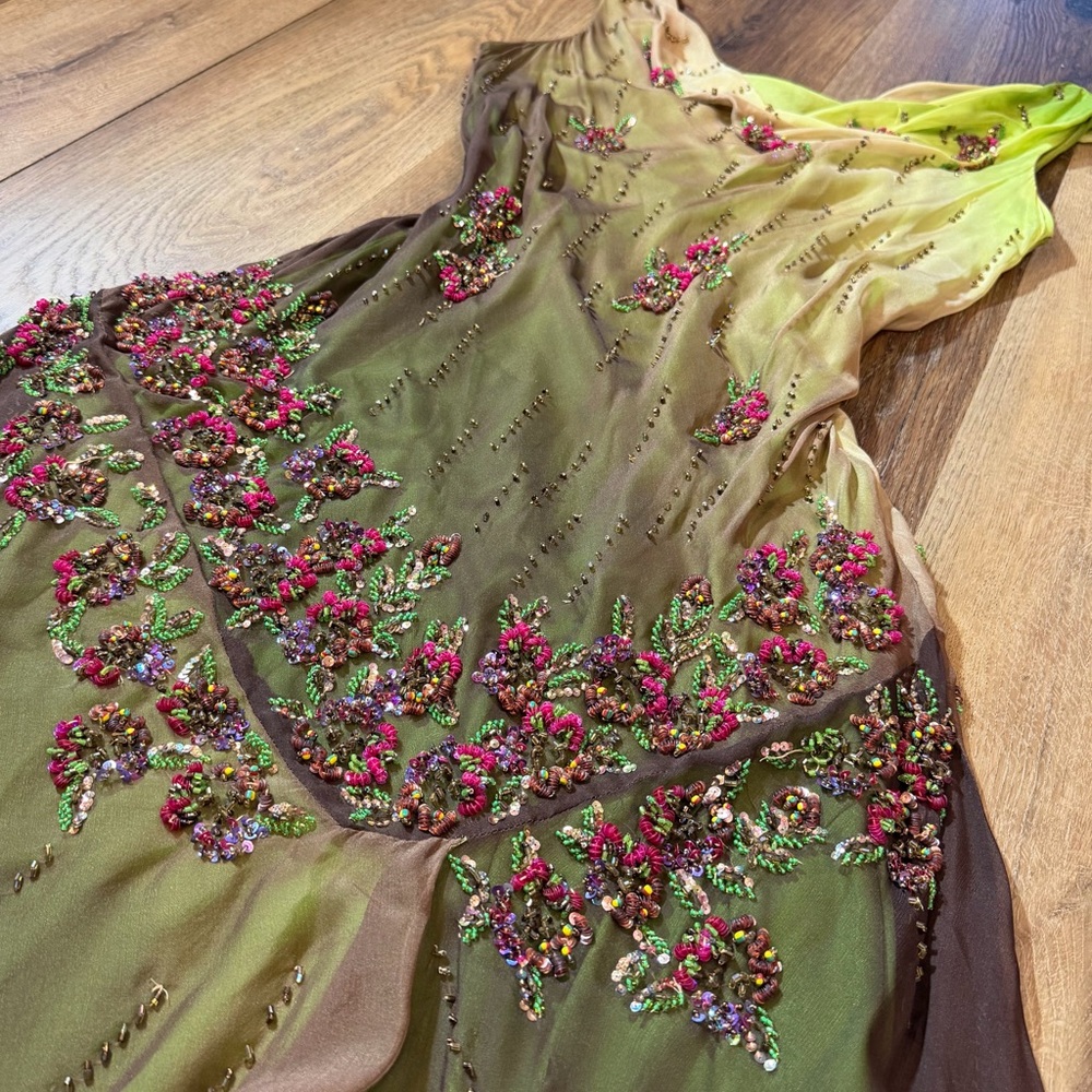 Vintage Y2K 100% Silk Beaded Dress Vintage Beaded Dress Fairy Prom Green Ombré - Picture 4 of 17